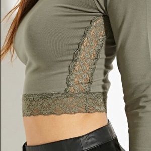 Army Green Crop Top with Scalloped Lace Panel